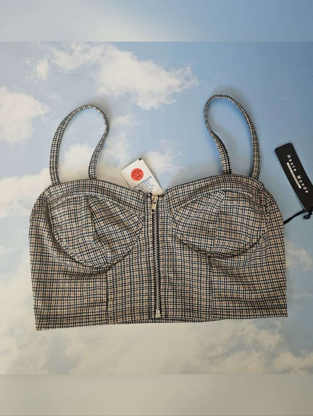 Fashion Nova Checked Zip-Front Bustier Crop Top - Black & White